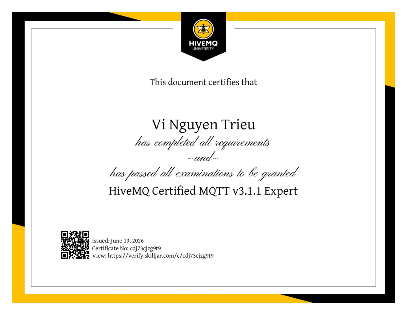 HiveMQ Certified MQTT v3.1.1 Expert certificate