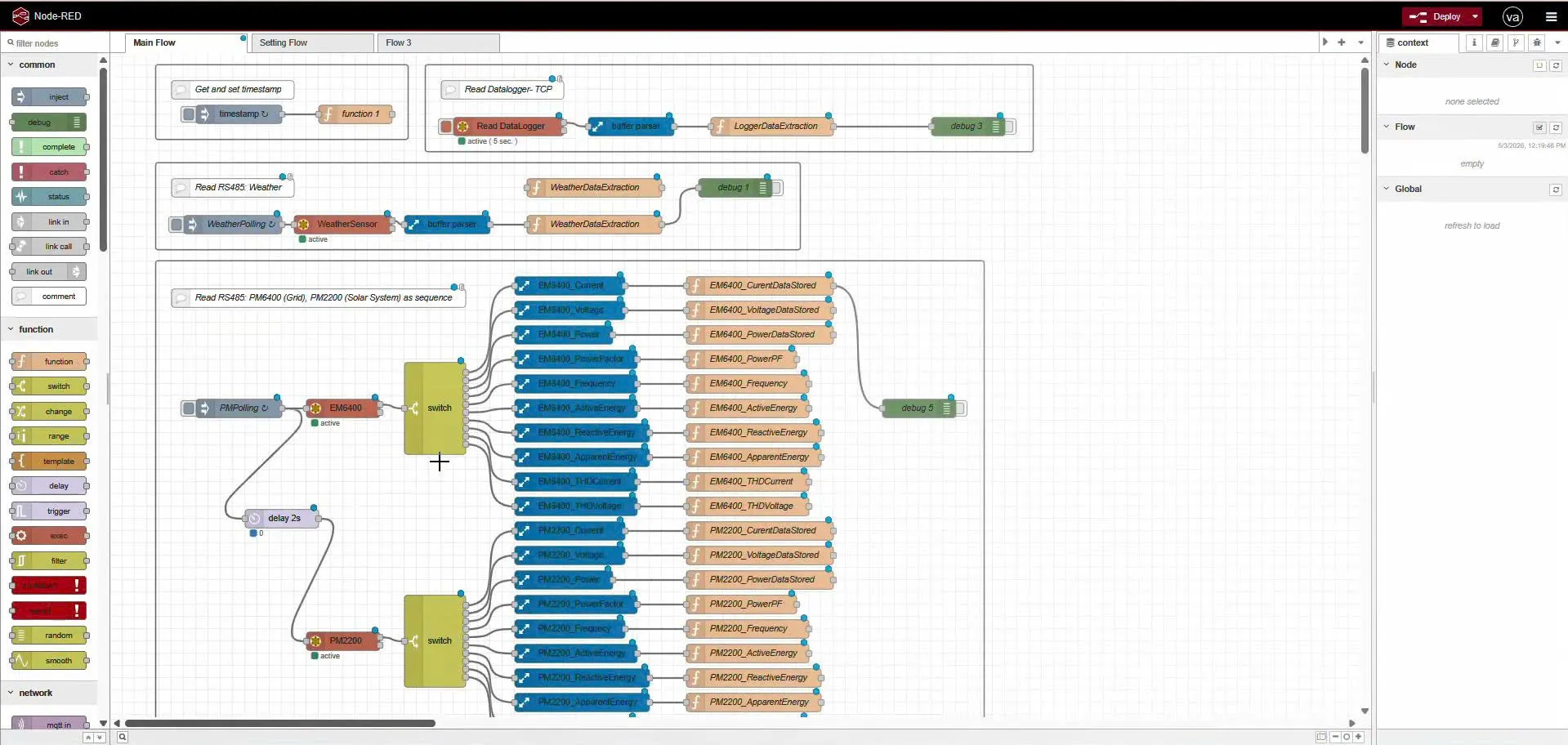 Node-RED flow for collecting and processing solar monitoring data